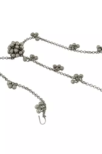 Silver oxidised maang tikka with intricate details and ghungroo accents