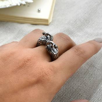 Peacock silver oxidized open ring with intricate motifs 2