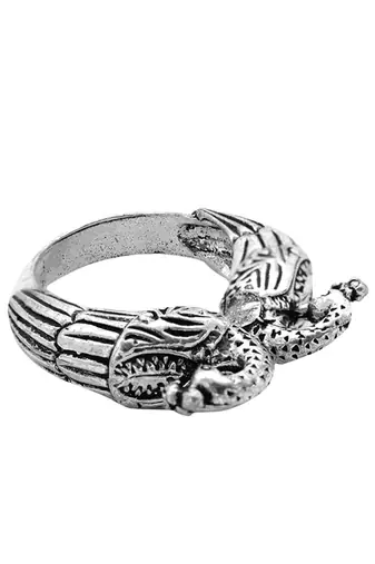 Peacock silver oxidized open ring with intricate motifs