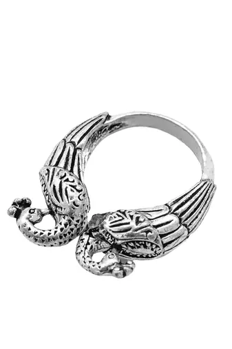 Peacock silver oxidized open ring with intricate motifs