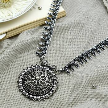 Chunky silver oxidized long necklace with bold pendant design 1