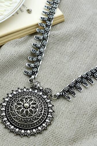 Chunky silver oxidized long necklace with bold pendant design