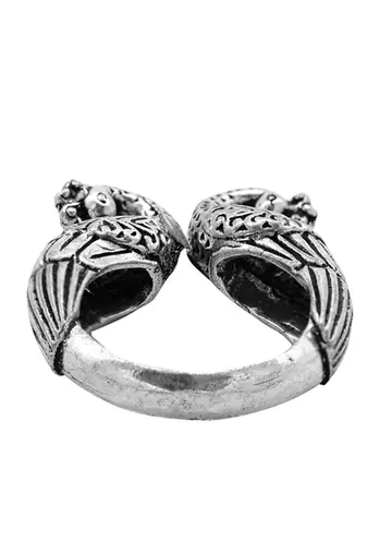 Peacock silver oxidized open ring with intricate motifs