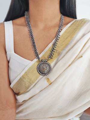 Chunky silver oxidized long necklace with bold pendant design 2