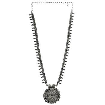 Chunky silver oxidized long necklace with bold pendant design 3