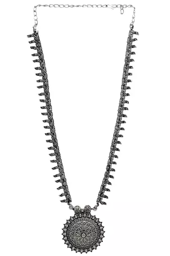 Chunky silver oxidized long necklace with bold pendant design