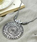 Silver oxidized long necklace with circular embossed pendant