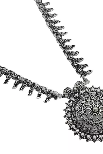 Chunky silver oxidized long necklace with bold pendant design