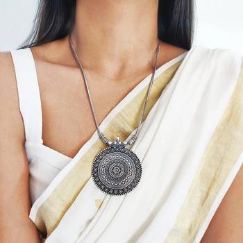 Silver oxidized long necklace with circular embossed pendant 2