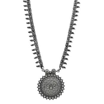 Chunky silver oxidized long necklace with bold pendant design 5