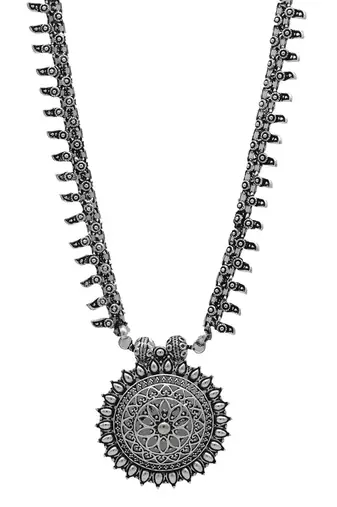 Chunky silver oxidized long necklace with bold pendant design