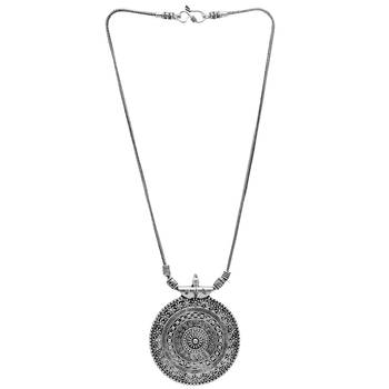 Silver oxidized long necklace with circular embossed pendant 3
