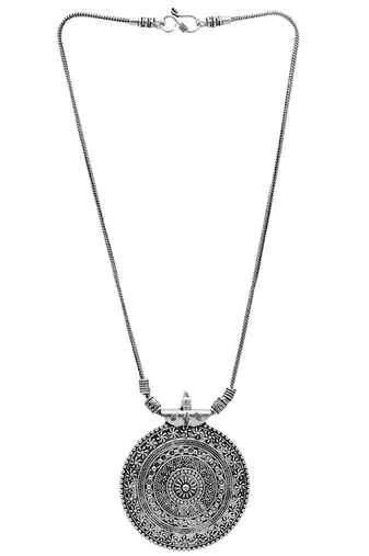 Silver oxidized long necklace with circular embossed pendant