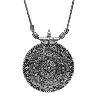 Silver oxidized long necklace with circular embossed pendant 4