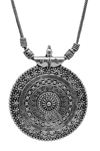 Silver oxidized long necklace with circular embossed pendant