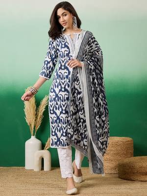 Navy blue printed cotton round neck kurta sets 1