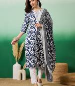 Navy blue printed cotton round neck kurta sets
