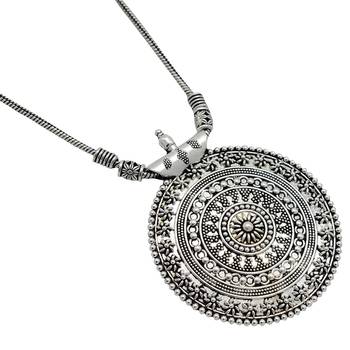 Silver oxidized long necklace with circular embossed pendant 5