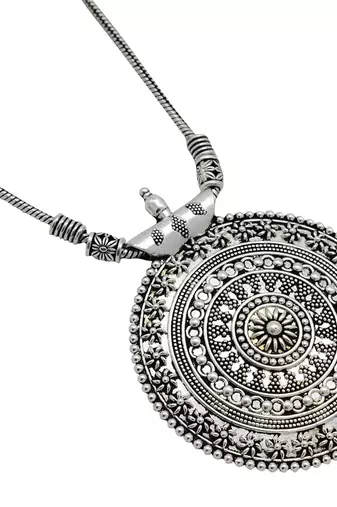 Silver oxidized long necklace with circular embossed pendant