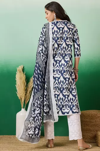 Navy blue printed cotton round neck kurta sets