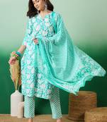 Sea green printed cotton v neck kurta sets