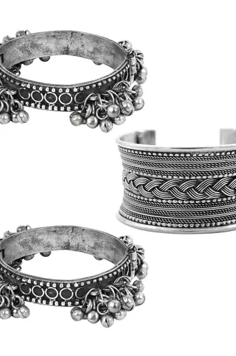 Stacked bracelet set with oxidised bracelet and embossed cuff