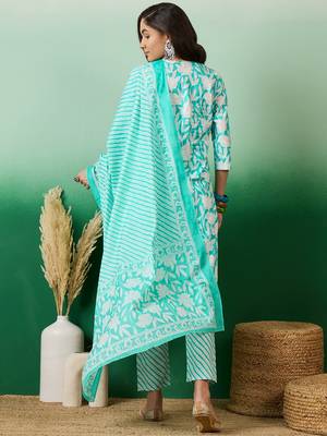 Sea green printed cotton v neck kurta sets 2