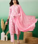 Pink printed cotton v neck kurta sets