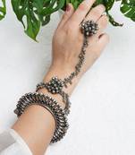 Elegant silver oxidised stacked bracelet set with bangle, haathphool, and lock clasp