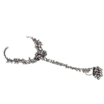 Elegant silver oxidised stacked bracelet set with bangle, haathphool, and lock clasp 2