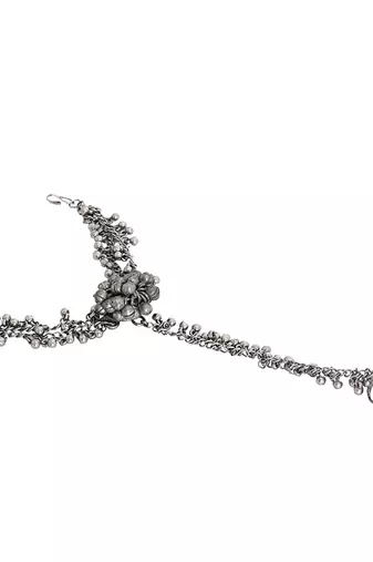 Elegant silver oxidised stacked bracelet set with bangle, haathphool, and lock clasp