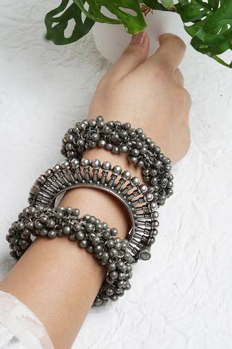 Stacked bracelet set with ghungroo accents and adjustable screw & hinge-lock
