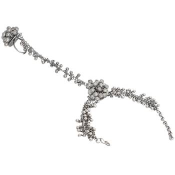 Elegant silver oxidised stacked bracelet set with bangle, haathphool, and lock clasp 3