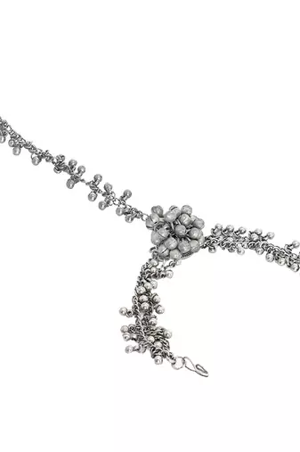 Elegant silver oxidised stacked bracelet set with bangle, haathphool, and lock clasp