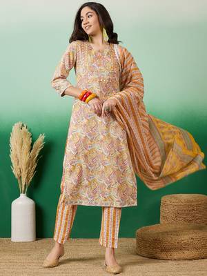 Light mustard embroidered cotton round neck kurta sets 1