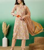 Light mustard embroidered cotton round neck kurta sets