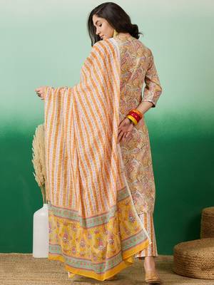 Light mustard embroidered cotton round neck kurta sets 2