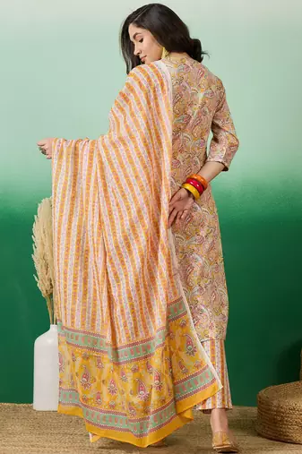 Light mustard embroidered cotton round neck kurta sets