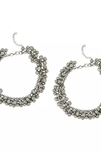 Silver-plated oxidised ghungroo anklet with lobster clasp