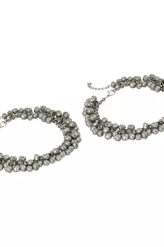 Silver-plated oxidised ghungroo anklet with lobster clasp
