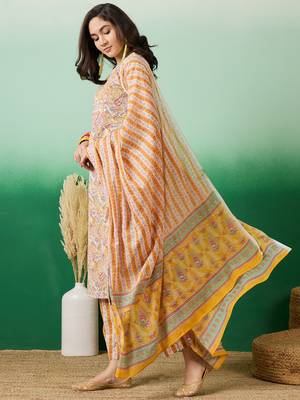 Light mustard embroidered cotton round neck kurta sets 3