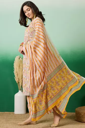 Light mustard embroidered cotton round neck kurta sets