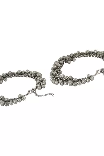 Silver-plated oxidised ghungroo anklet with lobster clasp