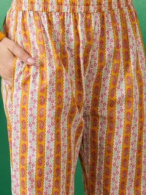 Light mustard embroidered cotton round neck kurta sets 4