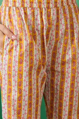 Light mustard embroidered cotton round neck kurta sets