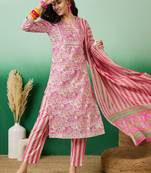 Pink embroidered cotton round neck kurta sets
