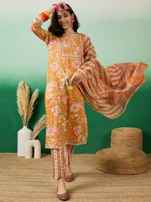 Mustard embroidered cotton round neck kurta sets 1