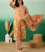 Mustard embroidered cotton round neck kurta sets