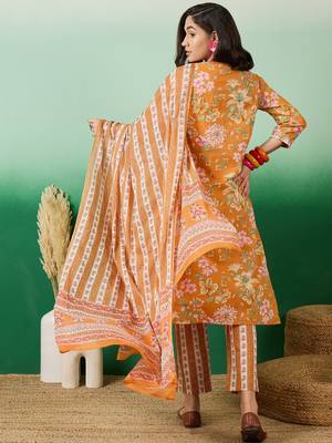 Mustard embroidered cotton round neck kurta sets 2