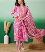 Pink embroidered cotton round neck kurta sets